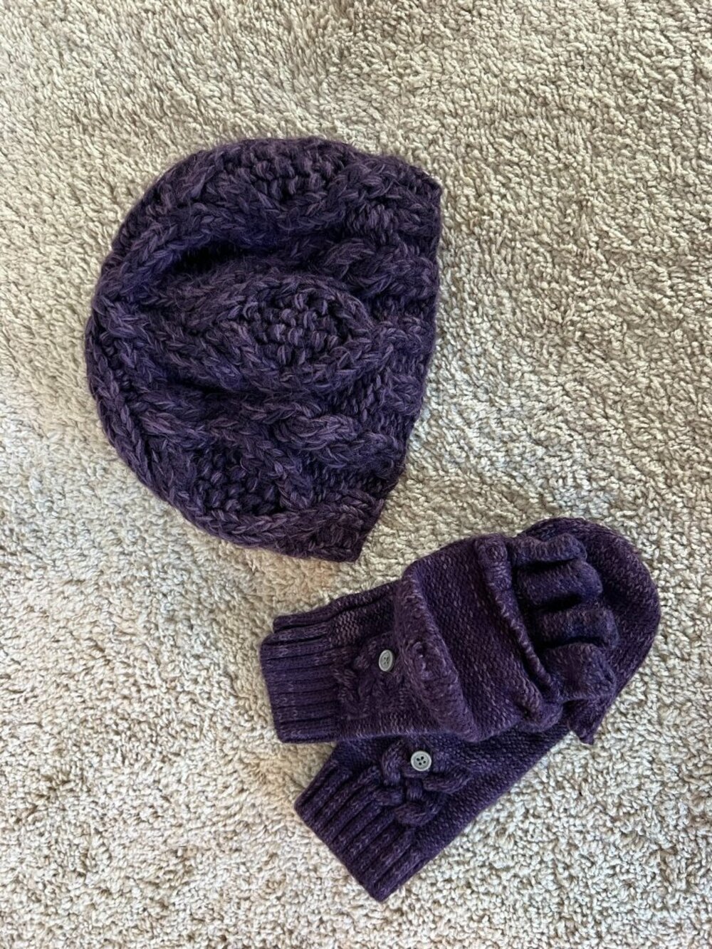 Mitten Set Women's Purple Cable Knit Thermal Comfortable Fingerless Convertible